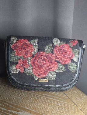 Kate Spade Black Crossbody Bag with Red Rose Needlepoint